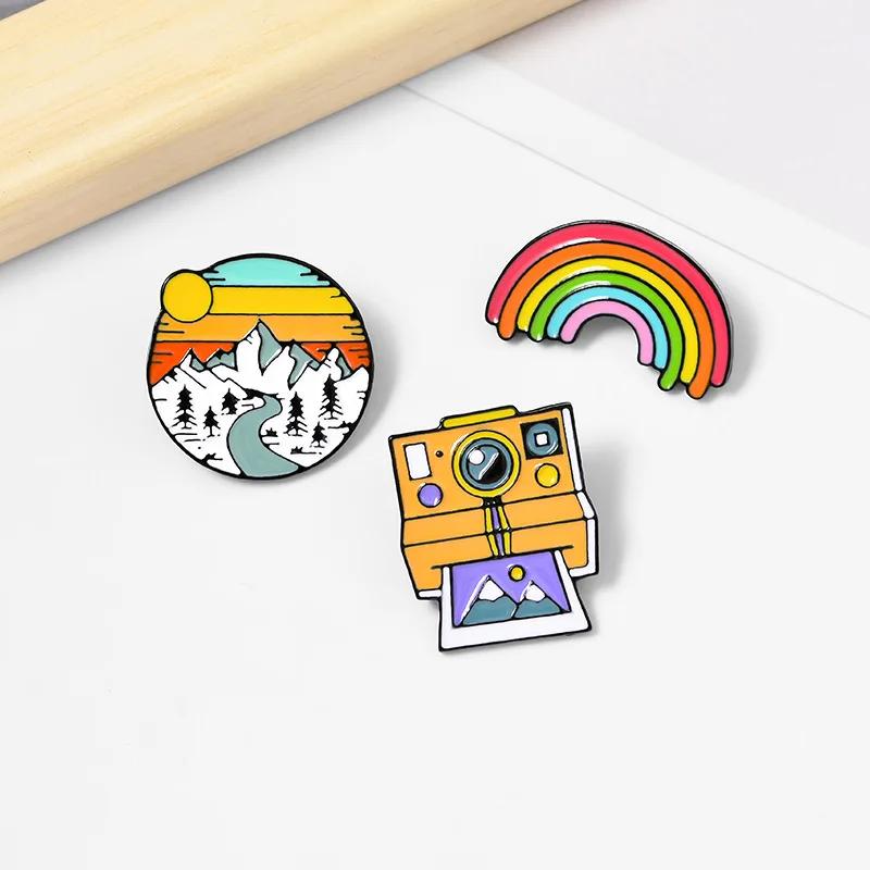 

3 Pcs Creative Cartoon Alloy Brooch Camera Rainbow Sunset Enamel Pin Badge Baking Paint Pins for Clothes