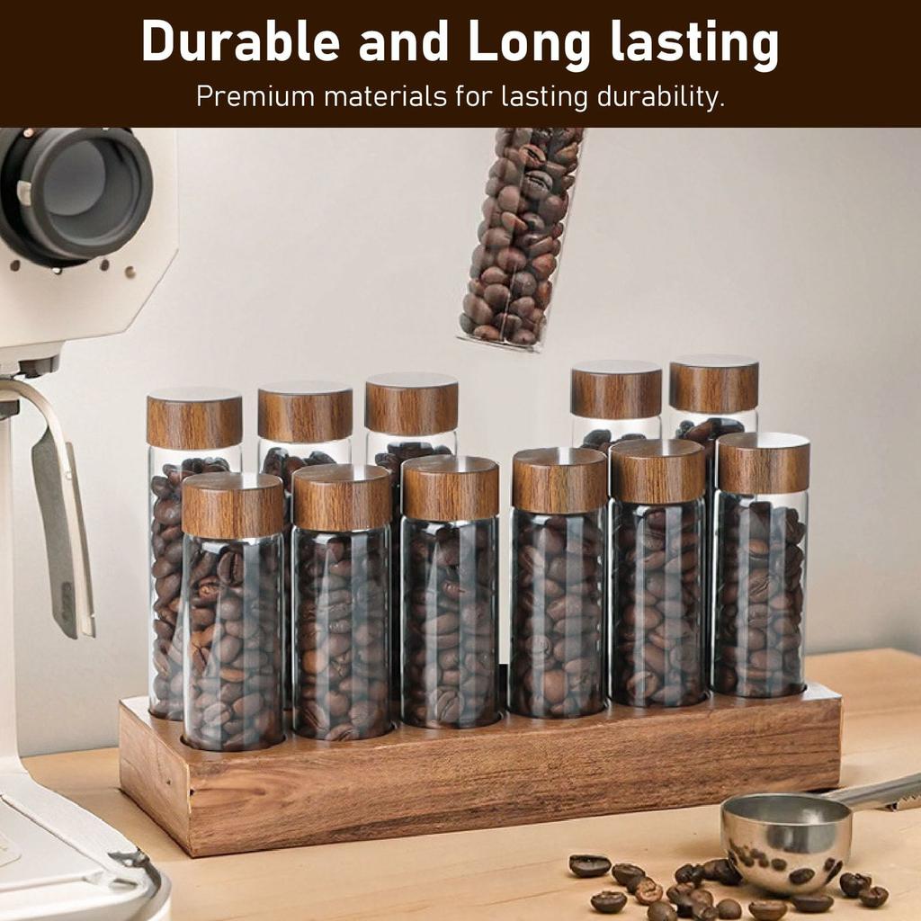 Wooden Base Coffee Bean Display Stand with 12 Clear Glass Tubes and Funnel for Cafe Bar Counter Storage