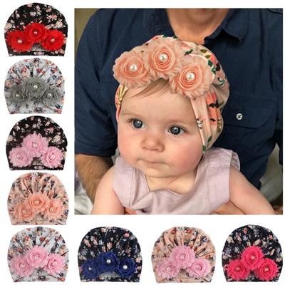 Baby Hat Infants Floral Print Soft Hats Flower Beads Design Kids Cap