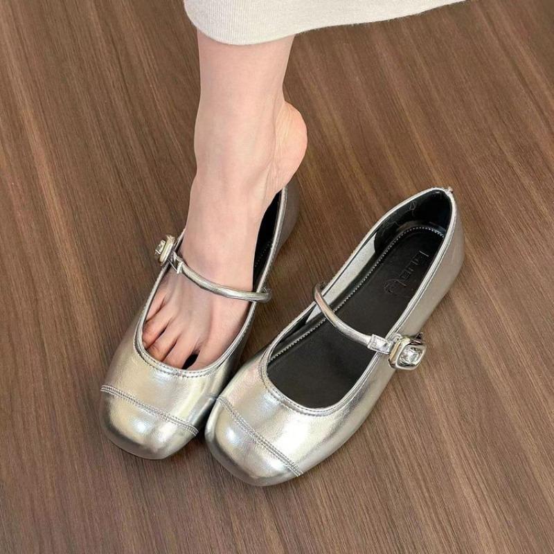 Metallic Mary Jane Flats Women's Square Toe Buckle Strap Casual Shoes