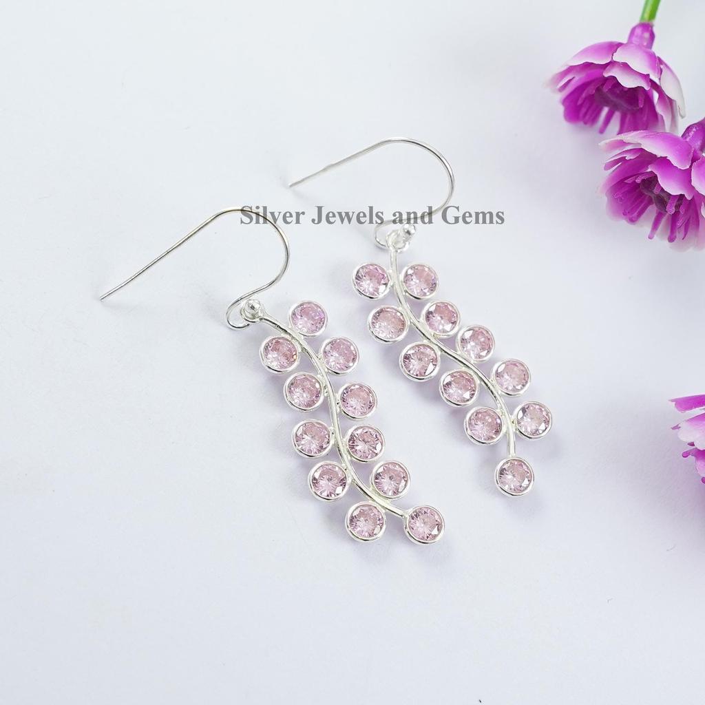 Pink Cubic Zirconia Earrings: 925 Sterling Silver Long Bezel Earrings