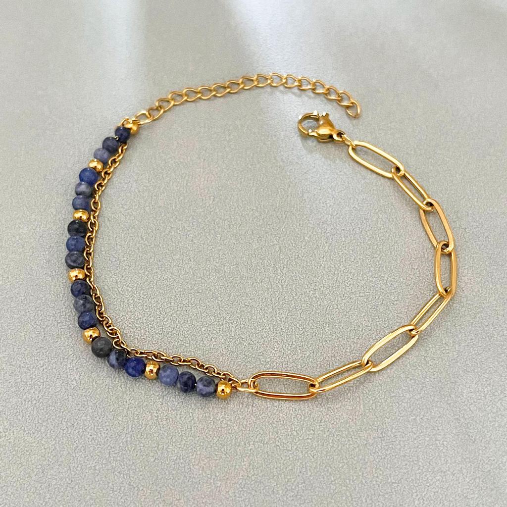 Elegant 18k Gold-Plated Stainless Steel Bracelet with Natural Stone Inlay - Trendy and Fade-Resistant for Women