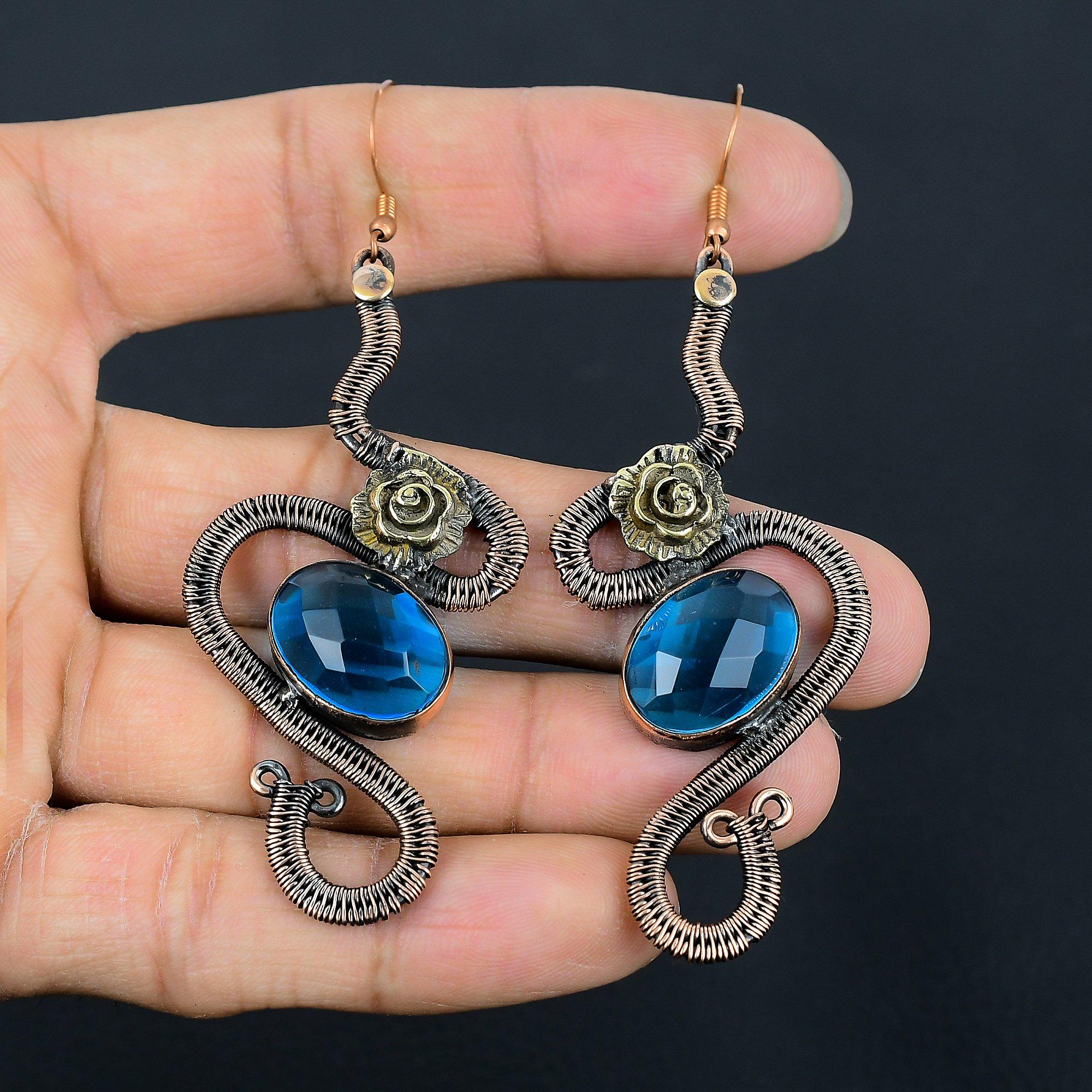 

Faceted Blue Topaz Earrings, 999 Copper Wire Wrapped Earrings Handmade Gemstone Jewelry, Gifts For Wife Brand New Earrings 2.55 Inches