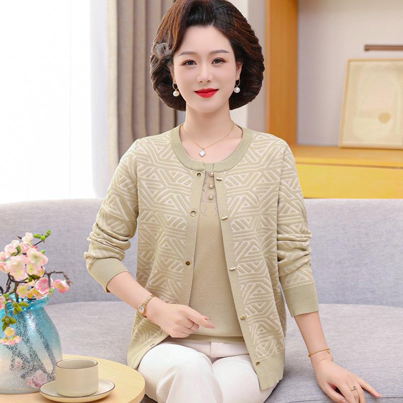 

Mom s Spring Knit Short-Sleeve Top & Jacket Set for Middle-Aged Women L (suggested 80-100 jin) зелений