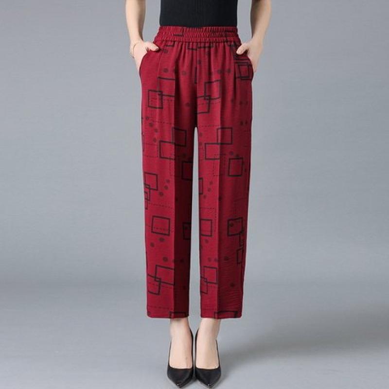 

Stylish High-Waisted Printed Cropped Pants with Elastic Waist for Middle-Aged and Elderly Women 3XL червоний