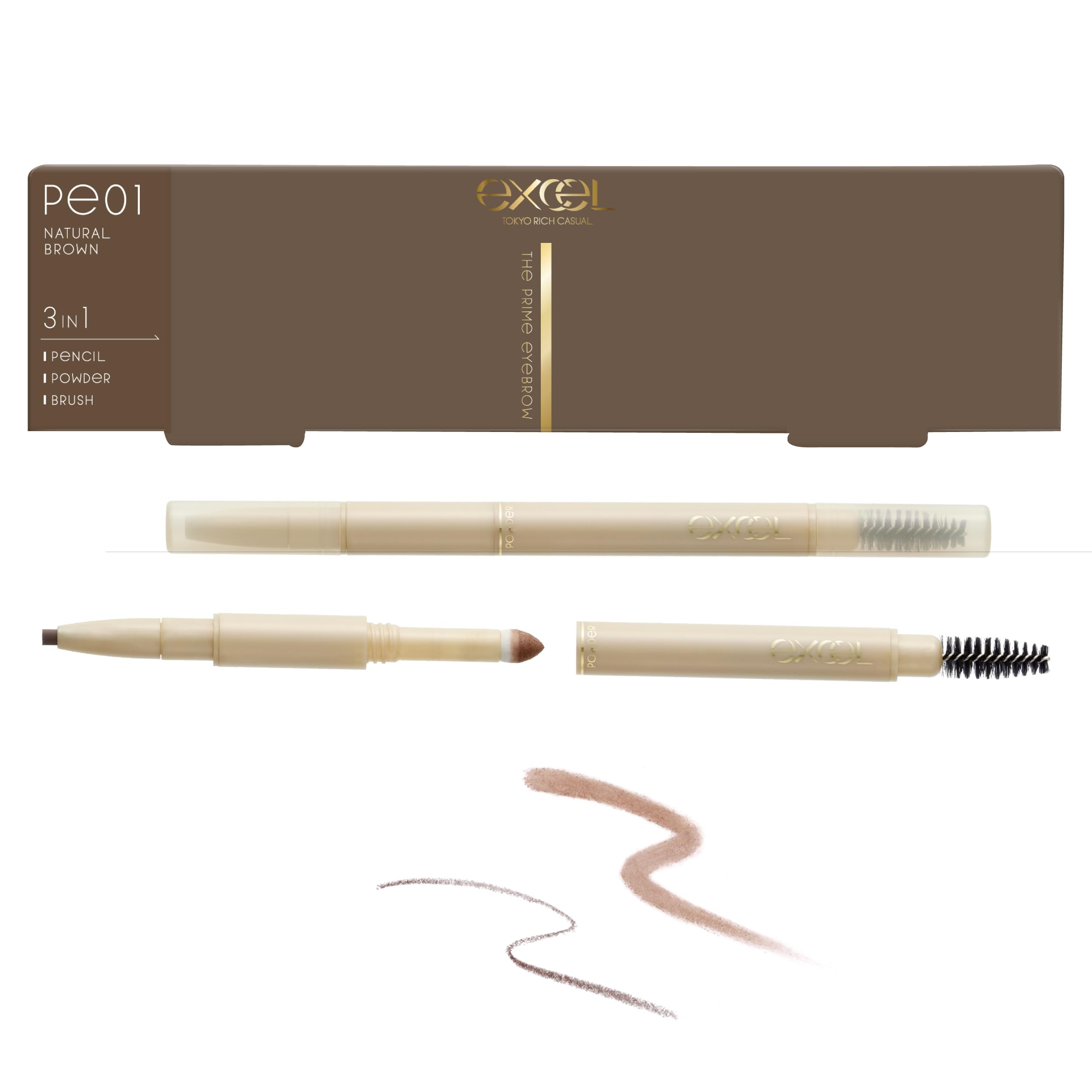

excel The Prime Eyebrow PE01 Natural Brown Eyebrow Eyebrow and Eyebrow Powder Eyebrow [New] Pencil, Brush, - 3-in-1