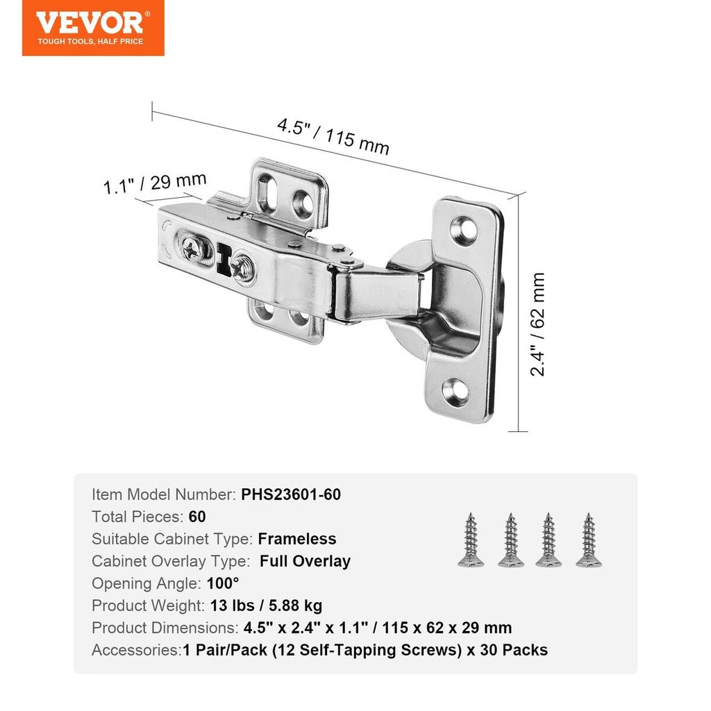 Cabinet Door Hinges 60 Packs Full Overlay Soft Close for Frameless Type