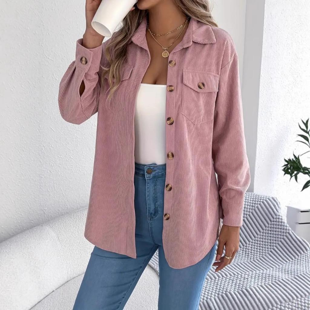 Women's Collar Long Sleeve Loose Solid Corduroy Shirt Casual Pocket Button Down Jacket Blouse