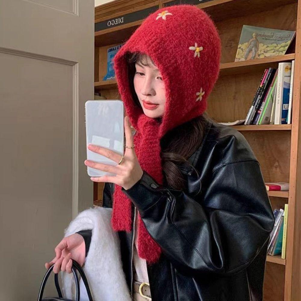 Woolen Fabric Embroidered Flowers Hat Solid Color Warm Neck Collar Winter Season