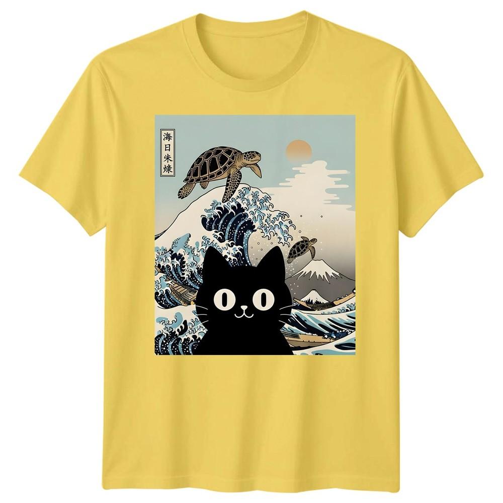 Black Cat Sea Turtle Kai Nichi Bei Yaki Japanese Art Ukiyoe Style Graphic Tee