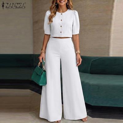 Women Casual Short Sleeve Blouse and Wide Leg Pants Summer Two Piece Suit Set