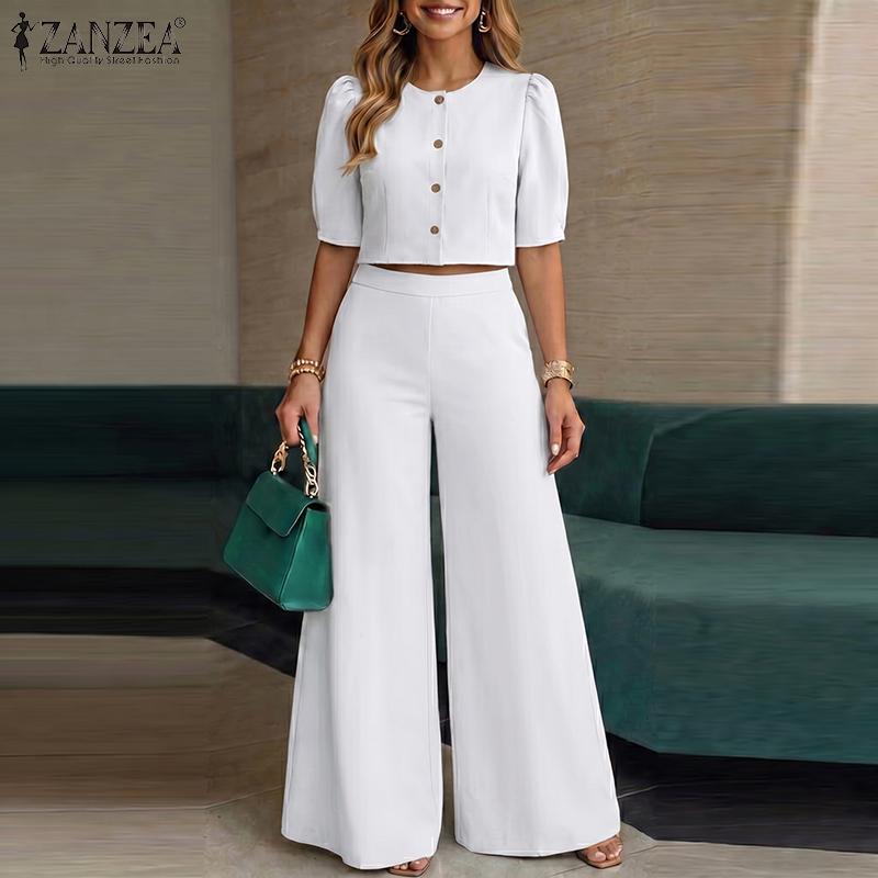 ZANZEA Damen Casual Kurzarm Bluse und Weitbein Hose Sommer Zweiteiler Set S weiß