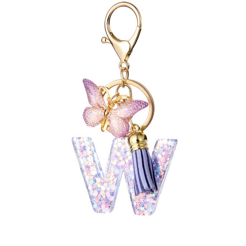 A-Z Harzbuchstaben Schlüsselanhänger mit Schmetterling Quasten Anhänger für Damen Taschen