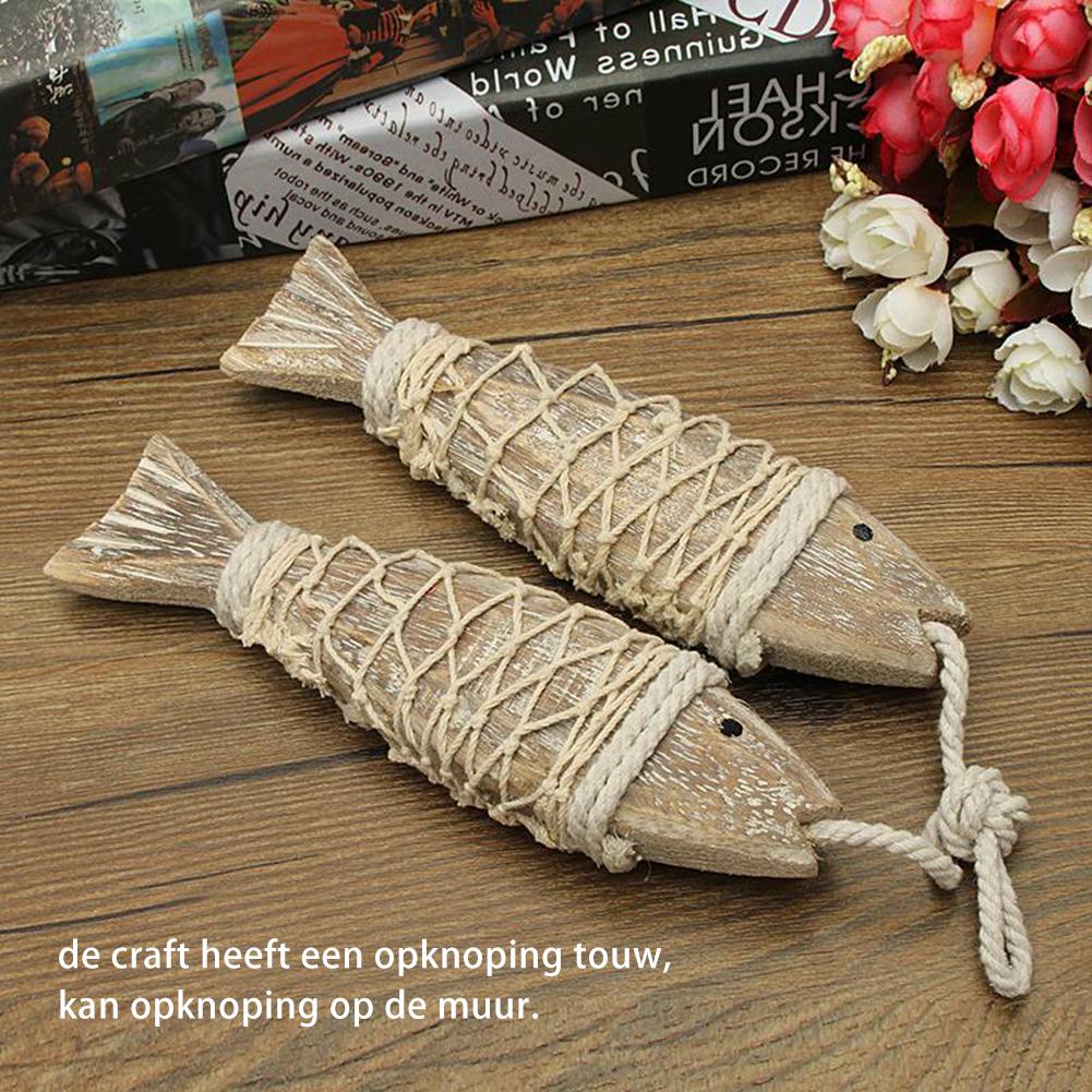 2 Pieces Wood Fish Sculpture With Fishing Net Retro Mediterranean Handmade Carved Wooden Fish Boho Aesthetic Art Decoration CN