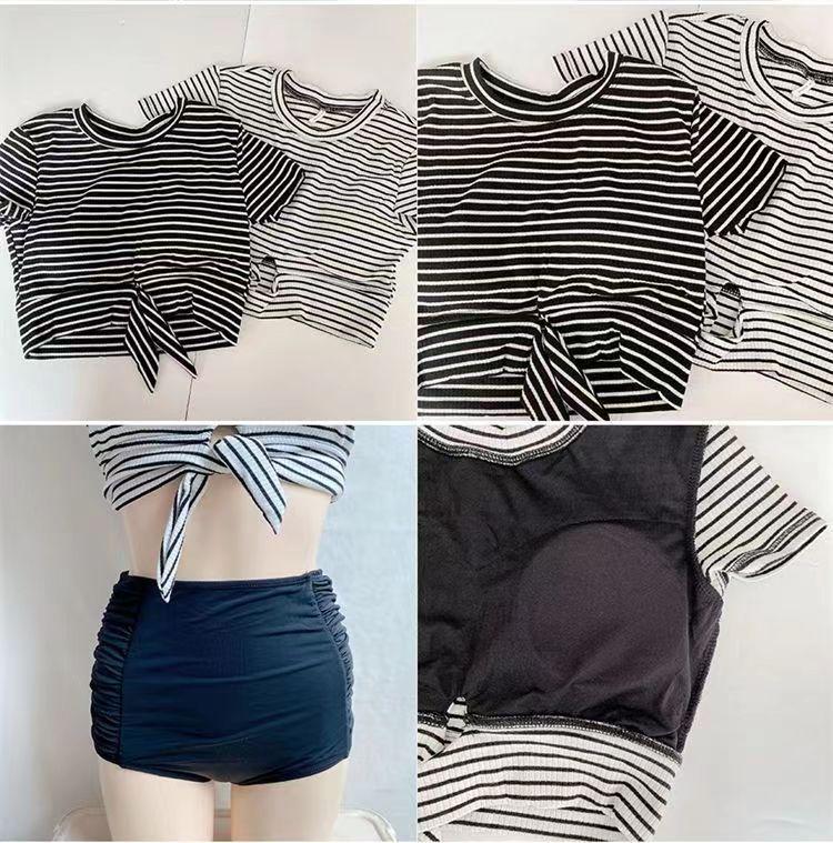2024 Korean Style Striped High-Waisted Tummy-Covering Short Sleeve Swimsuit