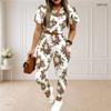 Women Plus Size Printed Round Neck Short Sleeve Top Drawstring Pocket Cuffed Pants Two Piece Set