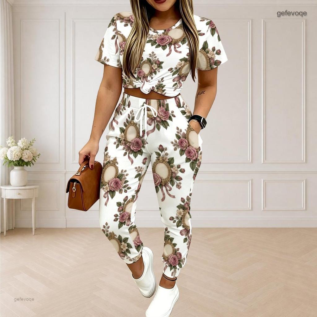 Women Plus Size Printed Round Neck Short Sleeve Top Drawstring Pocket Cuffed Pants Two Piece Set