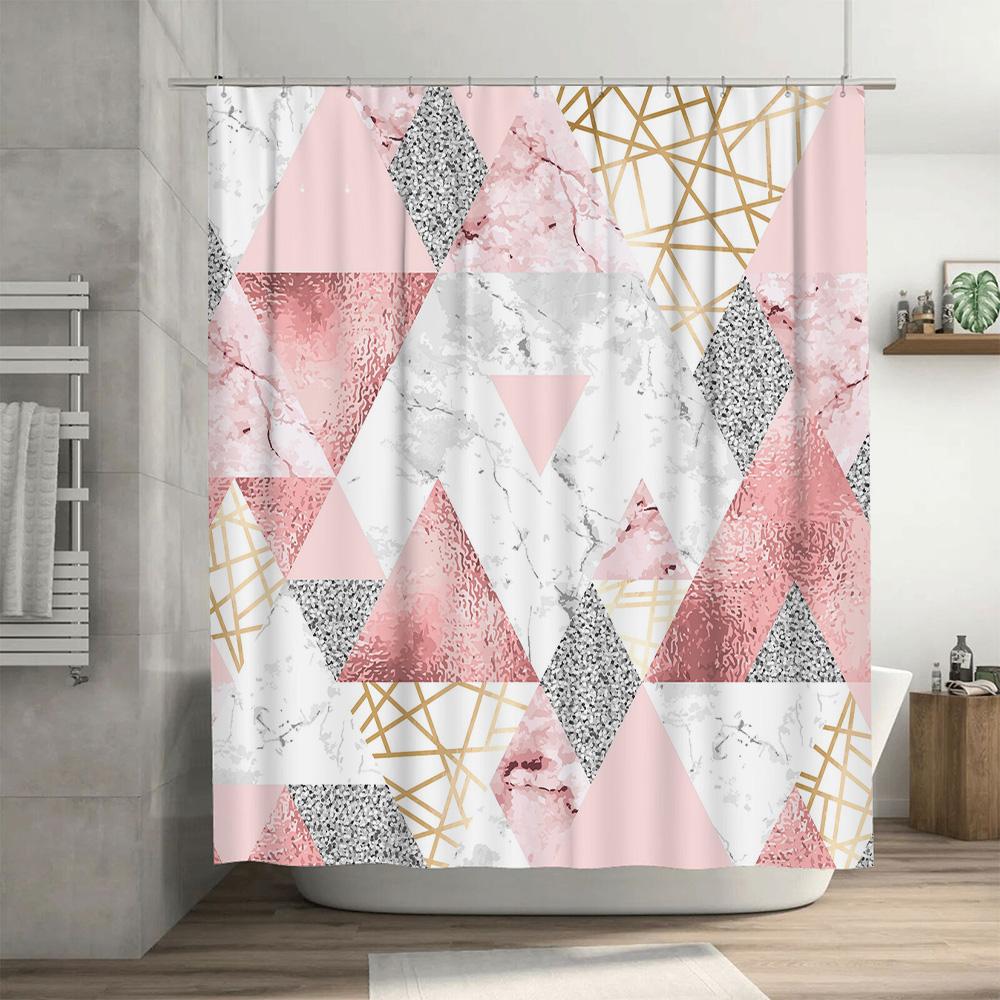 Modern Geometric Triangle Marble Shower Curtain for Bathroom Decor Home Accessories Waterproof Bath Rug Set in Pink White Black