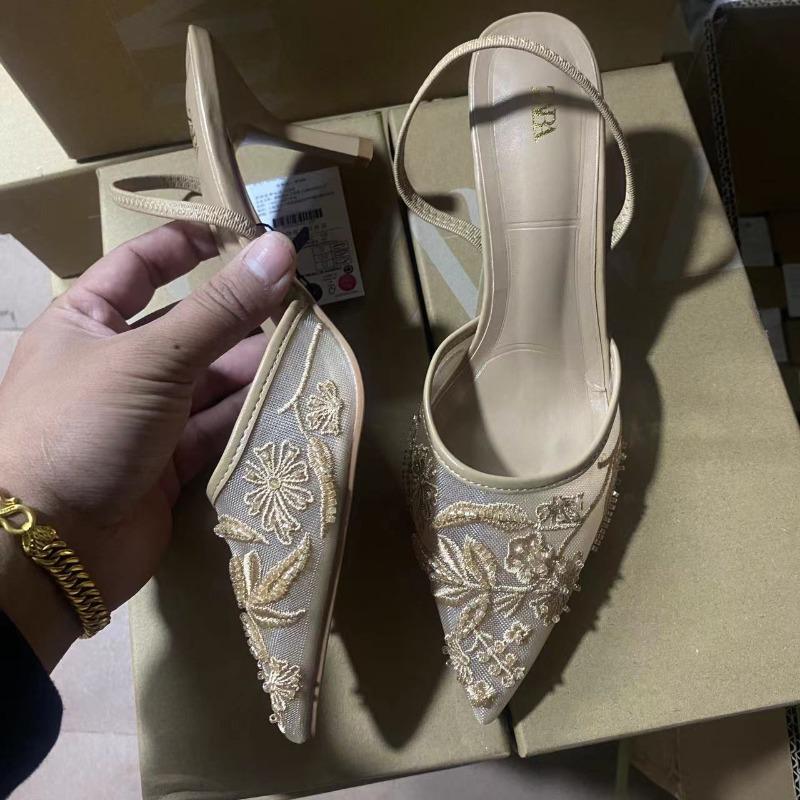 Ladies Flower Mesh Open Heel Sandals Shoes Sexy Designer High Heel Pointed Toe Stiletto Pumps Mules women sandals