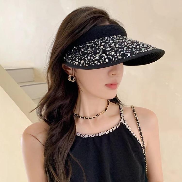 

Advanced Gypsy Rhinestone Straw Empty Top Hat Women s Summer Outing Seaside Sunscreen Shade Headband Hat Adult average size чорний