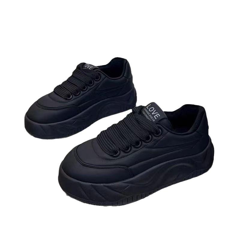 ins trendy full leather casual board shoes velvet autumn and winter heightening thick-soled small muffin shoes