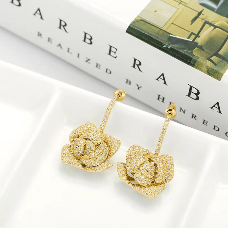 European & American Fashion Zircon Camellia Rose Earrings for Evening Dress