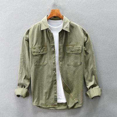 Men's Fall Multi Pocket Patchwork Vintage Cargo Shirt Solid Color Long Sleeve Loose Daily Tops Blouse