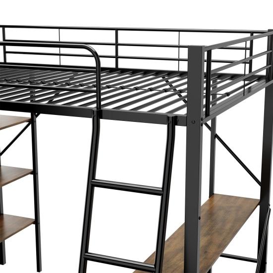 Metal Bed Strong Carrying Capacity with Computer Desk Storage Shelves Ladder Iron Frame Children Bunk Fall Protection Grilles Home Furniture Loft