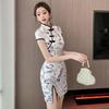 Women's Retro Chinese Style Cheongsam Print Button-Up Dress, Summer Slit, Sexy Waist-Cinched Short Dress