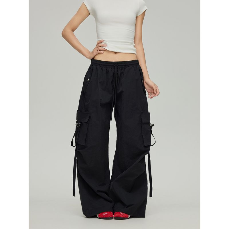 Black of Exit Trendy High-End Ribbon Straight-Leg Cargo Pants for Men and Women, Slightly Flared, Wide-Leg, Slimming Casual Pants