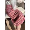 Pink Plaid Tweed Pencil Midi Skirt, CC Style, for Spring, Autumn, Winter