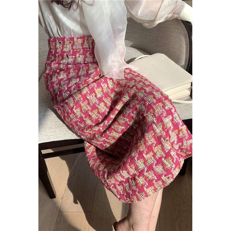 Pink Plaid Tweed Pencil Midi Skirt, CC Style, for Spring, Autumn, Winter