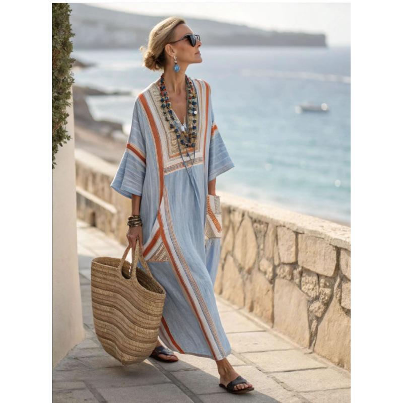 3D digital printing V-neck five-quarter sleeve long pocket Kaftan dress
