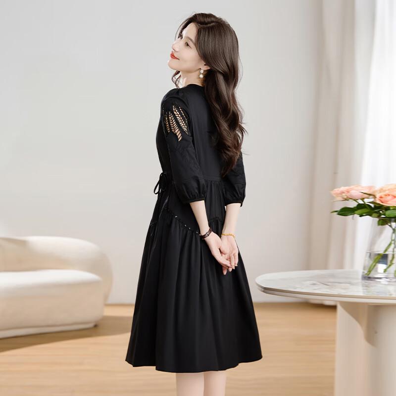 KeBeiEr Women's Black French Style A-Line Seven-Sleeve Dress