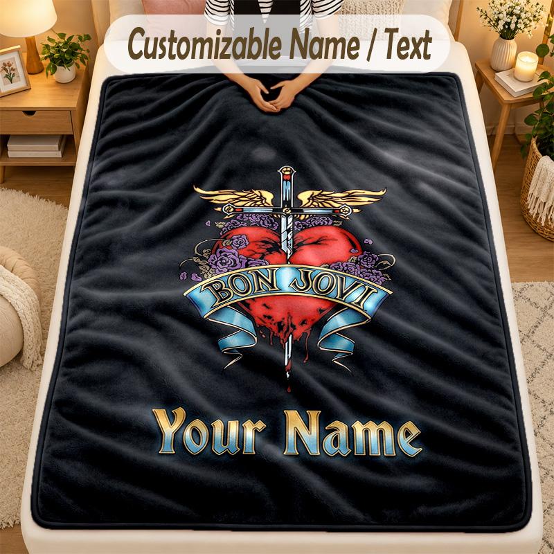 Flannel BlanketBon Jovi Custom Name Text Personalized Soft Warm Throw Blanket Home Decor Gift