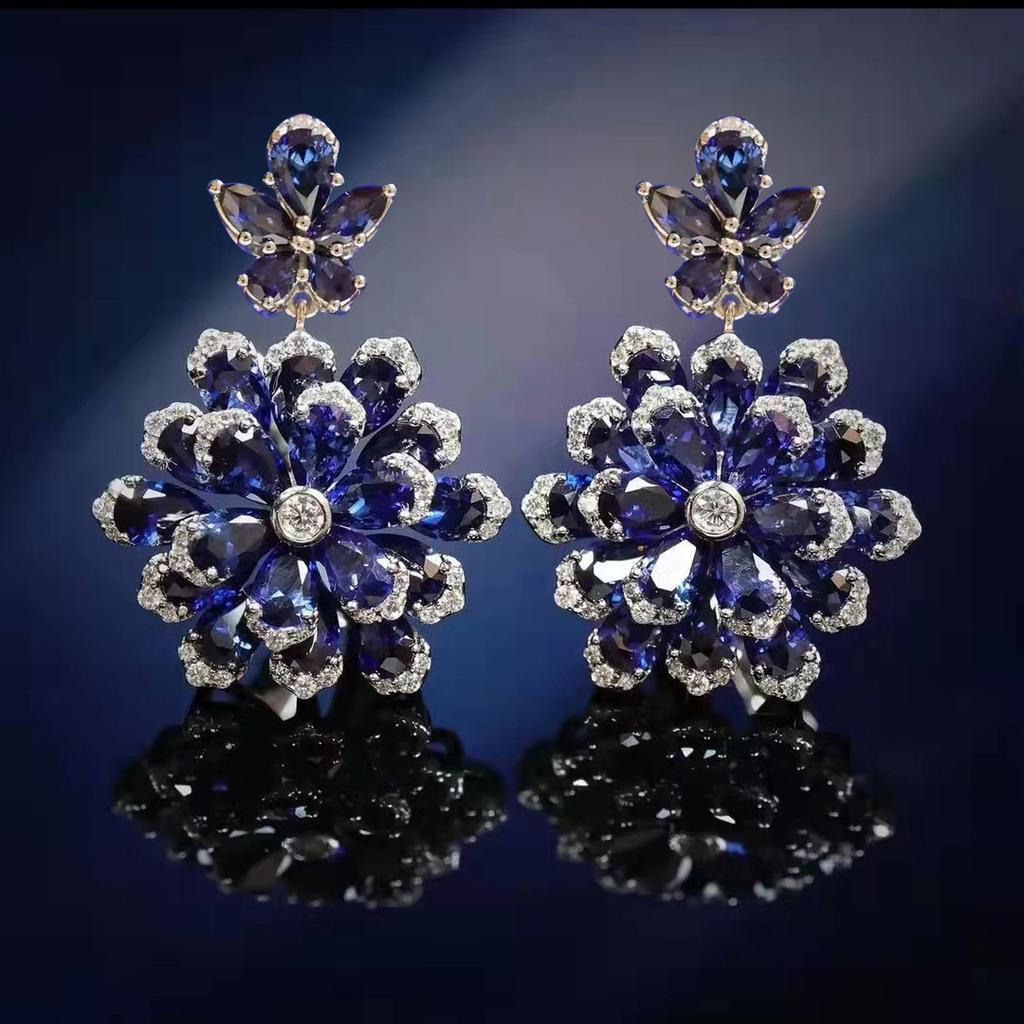 Foydjew New Flower-shaped Zircon Sets Necklaces Luxury Royal Blue Pendant Earrings Simulated Emerald Color Treasure Rings