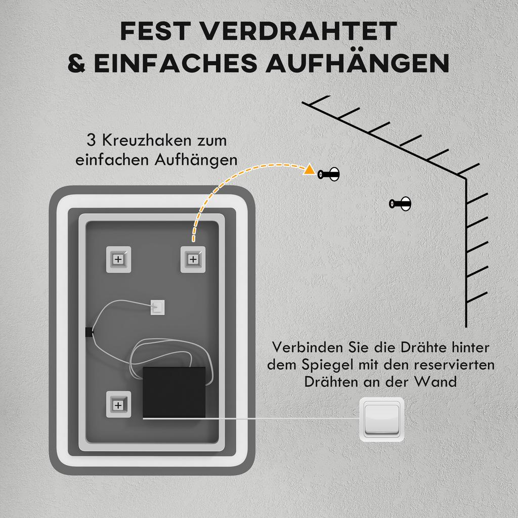 Bathroom Mirror, Illuminated, Touch Control, Anti-Fog, Dimmable, 3 Light Colors, 50x70, Silver