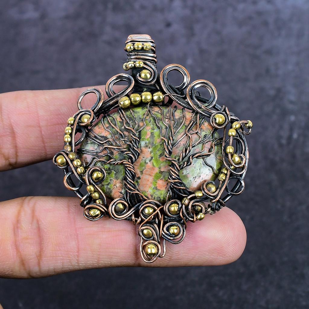 Unakite Gemstone Handmade Copper Wire Wrap Jewelry Pendant 2.56" ET-4934