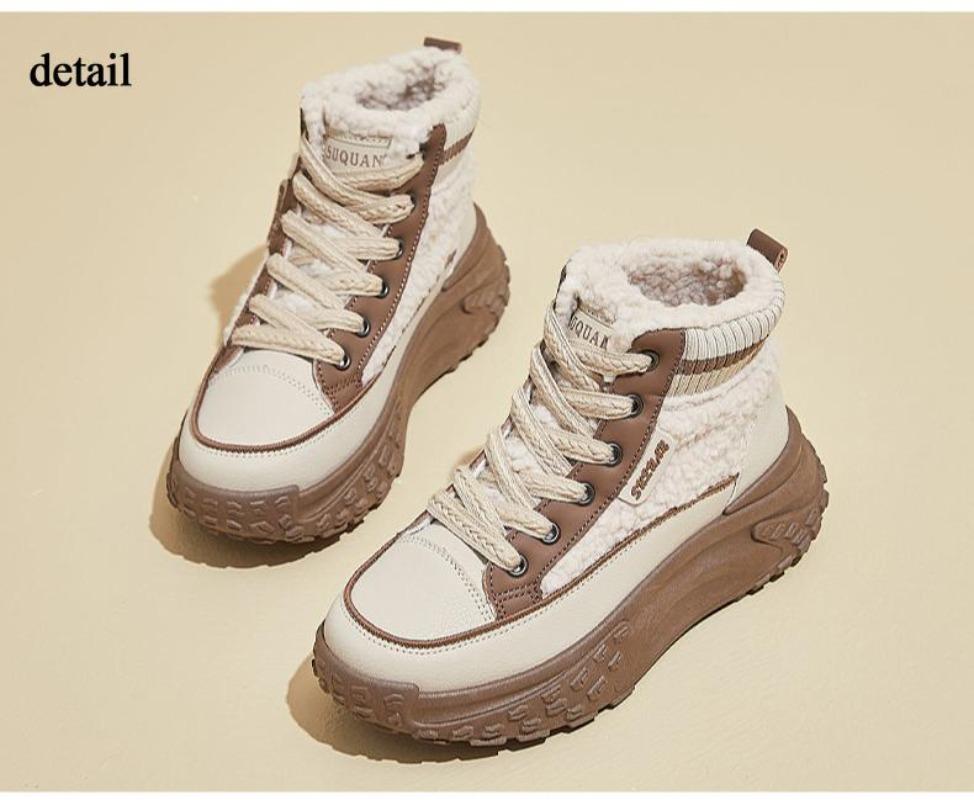 Women Winter Warm Faux Fur Lined Chunky Platform Lace Up Anti Slip PU Leather Ankle Snow Booties