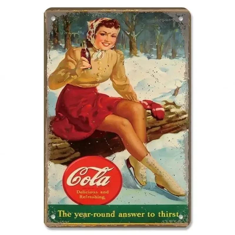 Cola Metal Tin Signs Decor Vintage Posters Girls Drink Cola Bottles Metal Plate Wall Decor Men's Hole Bar Club Restaurant Hom