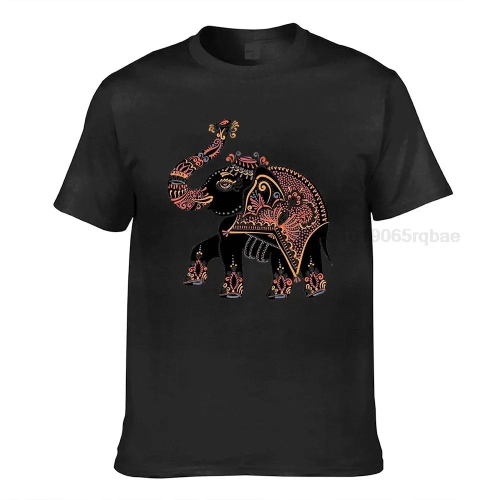 Elephant Folk Art Tshirt Unisex Black Tshirts Elephant Print Tops Adult Cotton Clothes Africa Style Tee Shirt Unique Birthday Gift