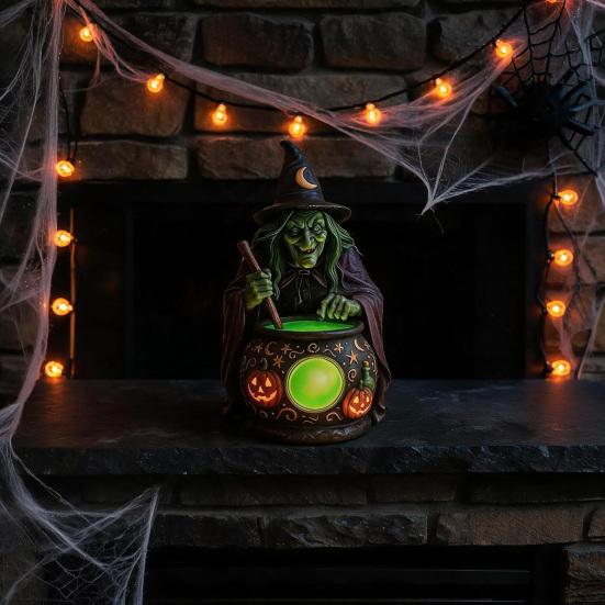 Artesanías de Resina Hechas a Mano Lámpara Caldero de Bruja de Halloween, Adorno de Estatua, Accesorios de Habitación Artísticos Decorativos Espeluznantes Luz para Escritorio Mesa
