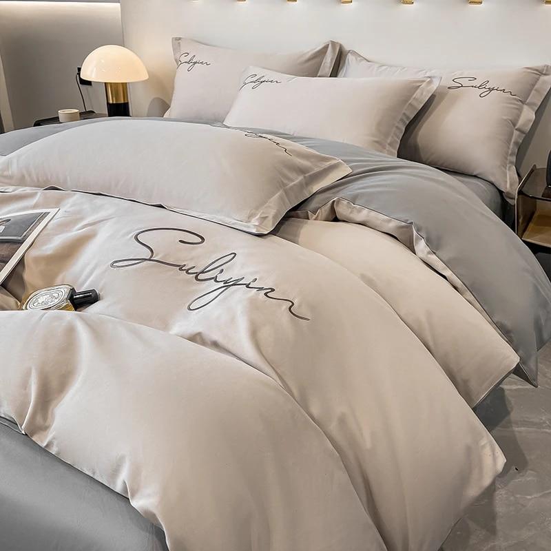 Luxury Embroidery Bedding Set Egyptian Cotton 400TC Duvet Cover Flat Fittedsheet Single Double Queen King Quilt Cover Pillowcase