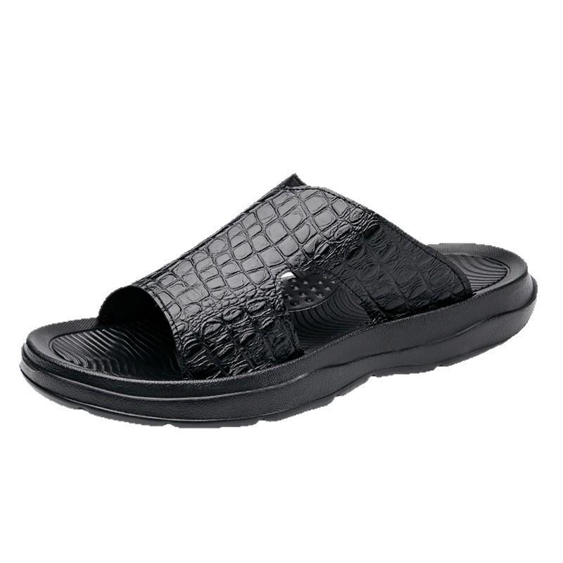 Men's Crocodile Pattern Leather Beach Sandals - Non-slip, Wear-resistant, Soft Sole, Summer Slippers (Size 46)