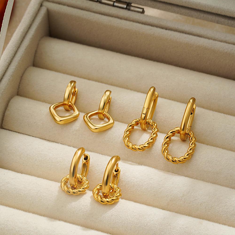 Dainty Golden Double Twist Round Hoop Pendant Earrings Retro Stainless Steel Geometric Circle Small Earring Fashion Jewelry Gift