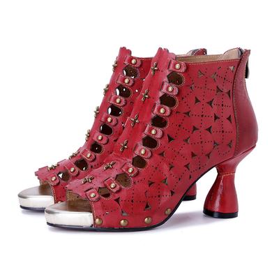 Fashion Rivet High Heels Women's Handmade Genuine Leather Peep Toed Hollow-out Sandals