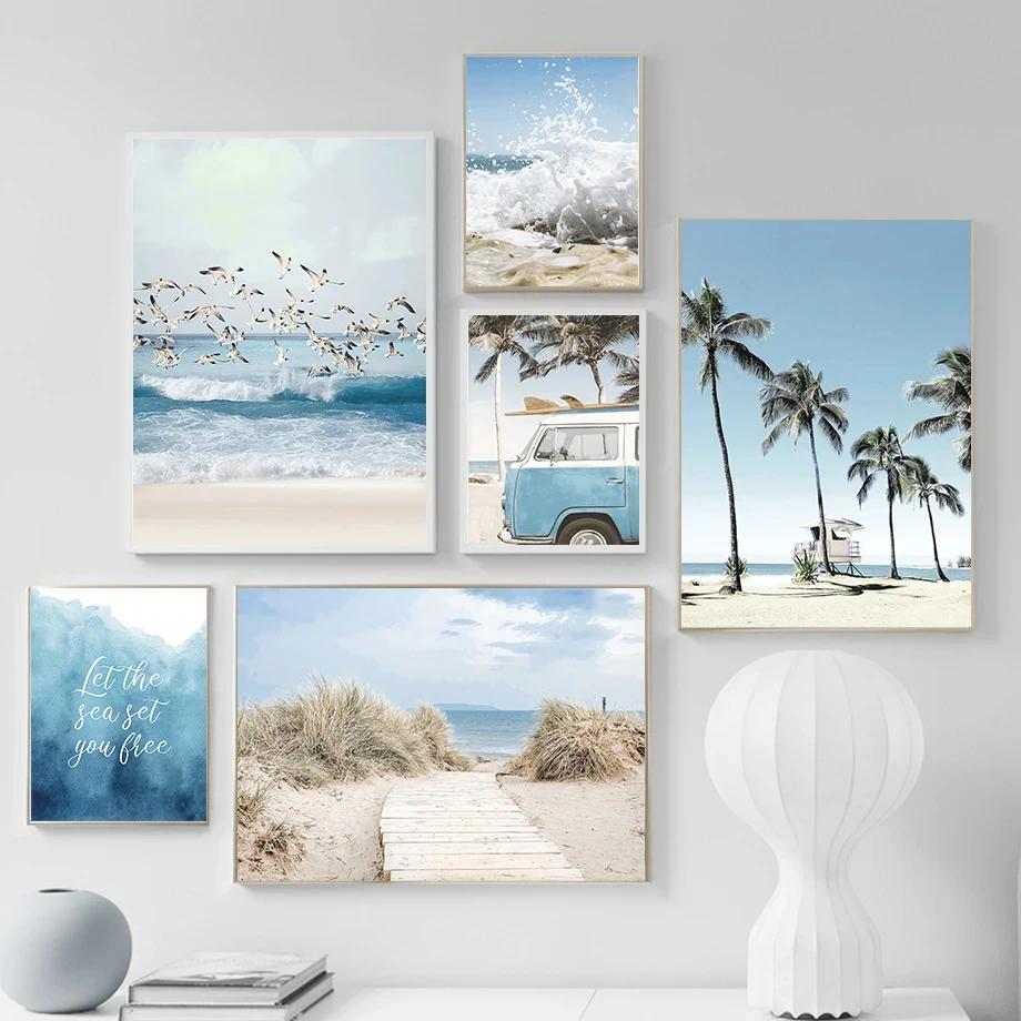 Beach Waves Coconut Trees Seagulls Wall Art  Summer Seascape Canvas PaintingPoster And Prints Picture For Living Room Home Decor