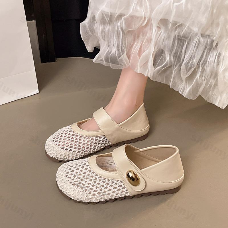 Fashion Mesh Breathable Soft Sole Single Shoes for Women Summer 2025 New Hollow Fashion Elegant Flats Comfortable Shallow Mouth Sandals