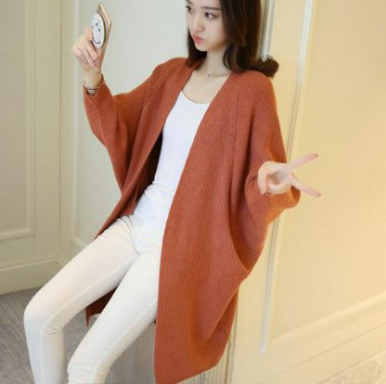 Women's Mid-Length Batwing Sleeve Knit Cardigan Shawl - Loose Fit, Plus Size, Korean Style for Autumn/Winter 2023
