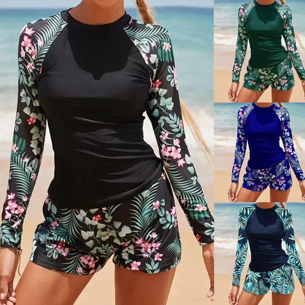Damen Badeanzug Tankini Set Langarm Bademode Surfen Sport Pool Beachwear Zweiteiliger Badeanzug mit Shorts